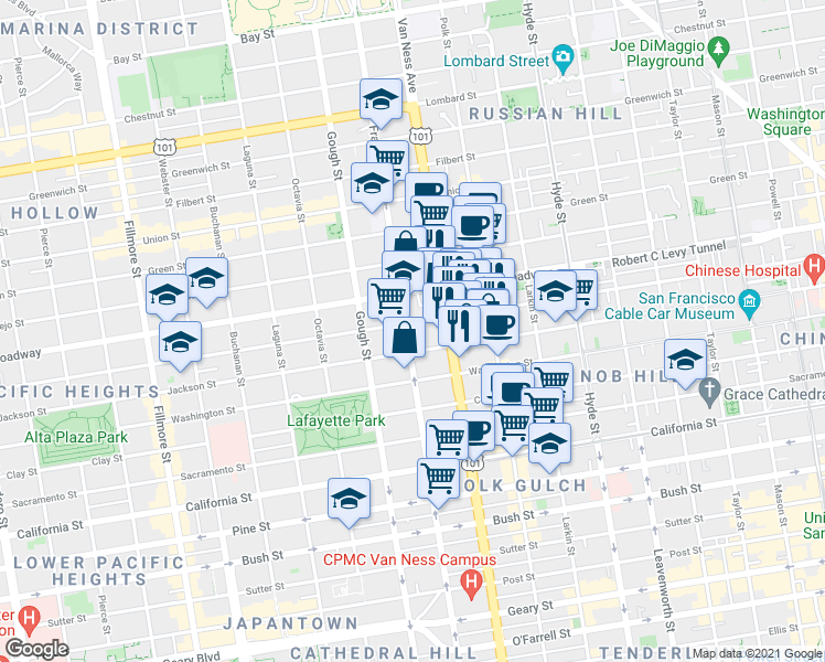 map of restaurants, bars, coffee shops, grocery stores, and more near 1720 Jackson Street in San Francisco