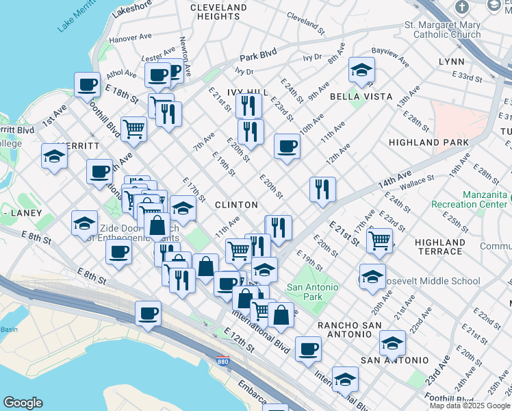 map of restaurants, bars, coffee shops, grocery stores, and more near 1864 11th Avenue in Oakland