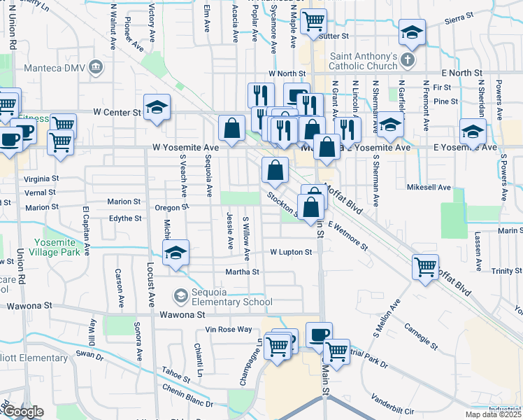 map of restaurants, bars, coffee shops, grocery stores, and more near 360 Park Avenue in Manteca