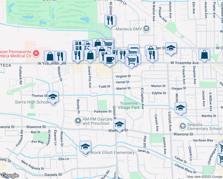 map of restaurants, bars, coffee shops, grocery stores, and more near 488 South Union Road in Manteca