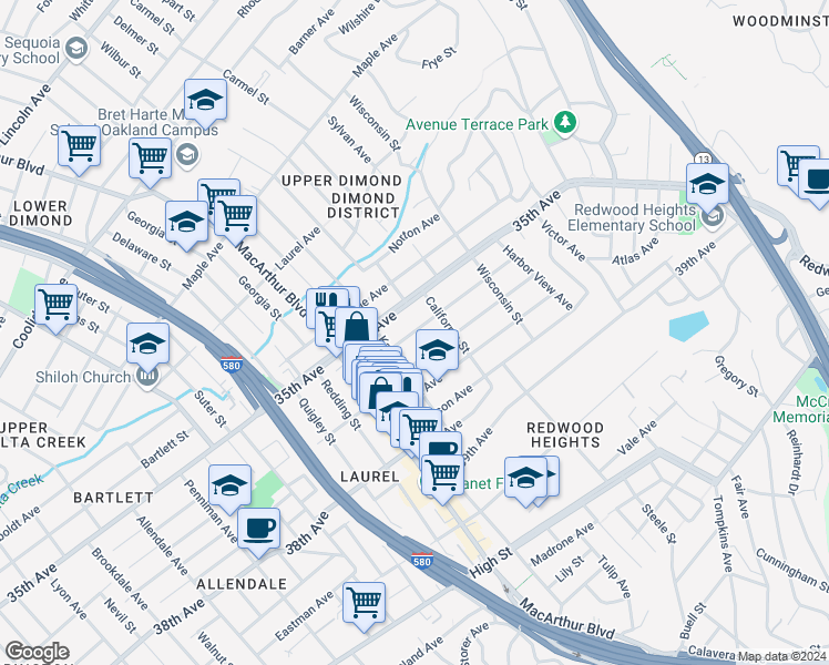 map of restaurants, bars, coffee shops, grocery stores, and more near 3743 Loma Vista Avenue in Oakland