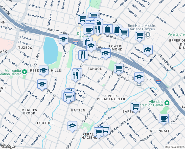 map of restaurants, bars, coffee shops, grocery stores, and more near 3022 Capp Street in Oakland