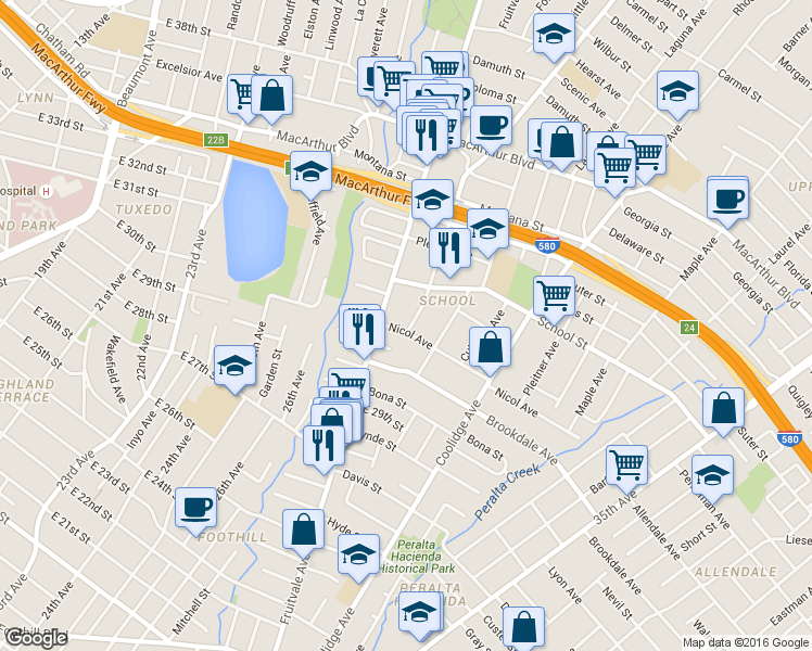 map of restaurants, bars, coffee shops, grocery stores, and more near 2819 Nicol Avenue in Oakland