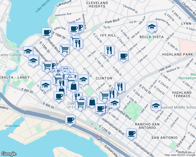 map of restaurants, bars, coffee shops, grocery stores, and more near 1650 10th Avenue in Oakland