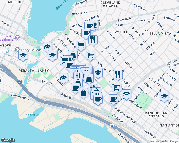 map of restaurants, bars, coffee shops, grocery stores, and more near 814 East 15th Street in Oakland