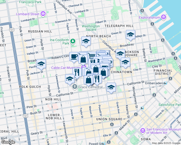 map of restaurants, bars, coffee shops, grocery stores, and more near 115 Wetmore Street in San Francisco