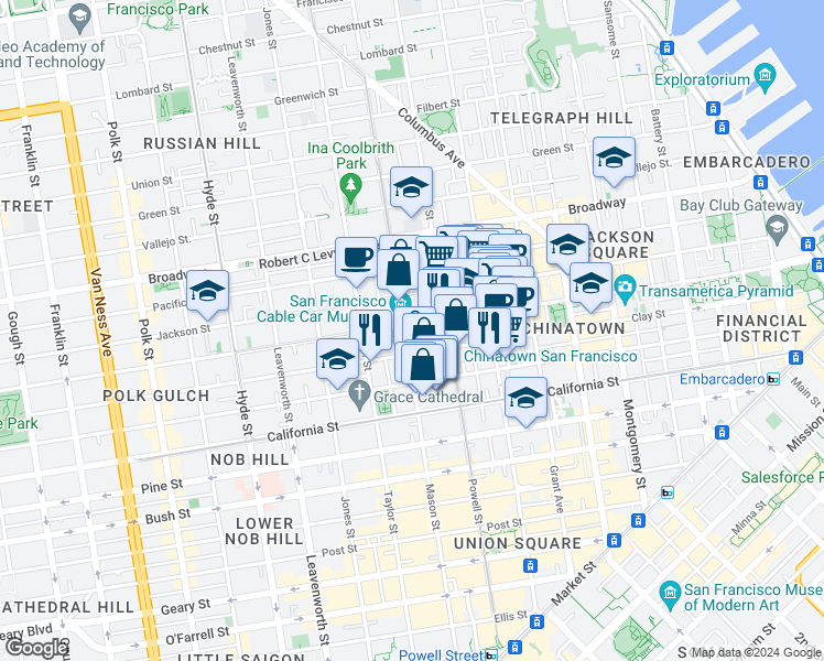 map of restaurants, bars, coffee shops, grocery stores, and more near 115 Wetmore Street in San Francisco