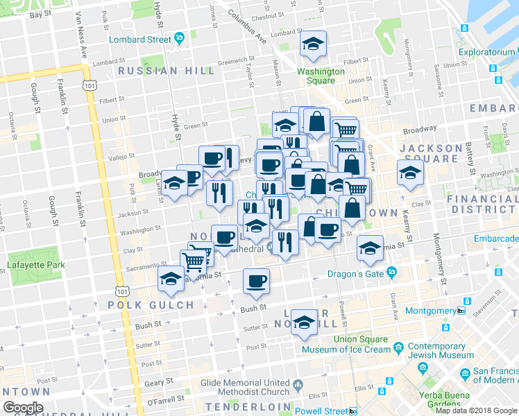 map of restaurants, bars, coffee shops, grocery stores, and more near in San Francisco