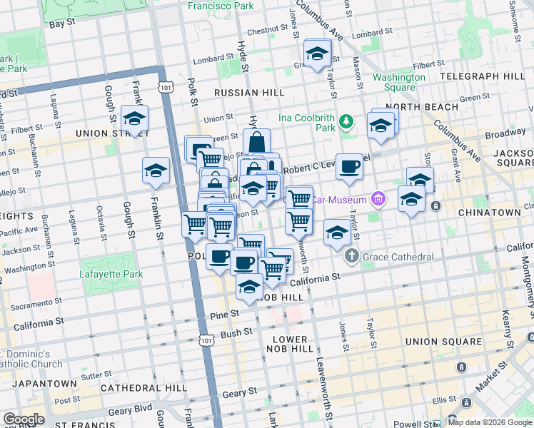 map of restaurants, bars, coffee shops, grocery stores, and more near 1465 Hyde Street in San Francisco