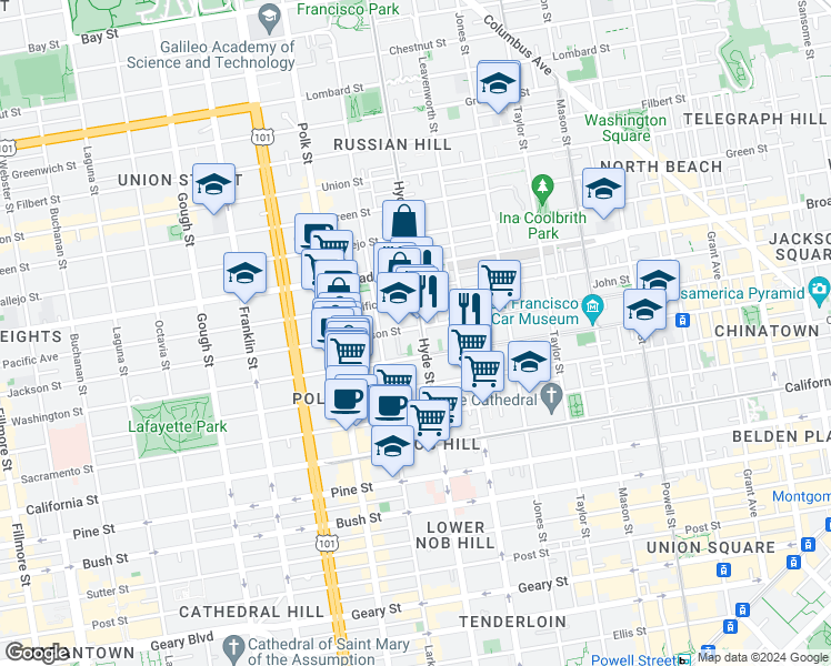 map of restaurants, bars, coffee shops, grocery stores, and more near 1465 Hyde Street in San Francisco