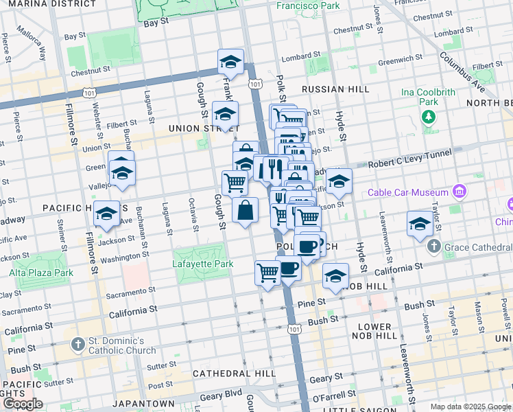 map of restaurants, bars, coffee shops, grocery stores, and more near 1720 Jackson Street in San Francisco