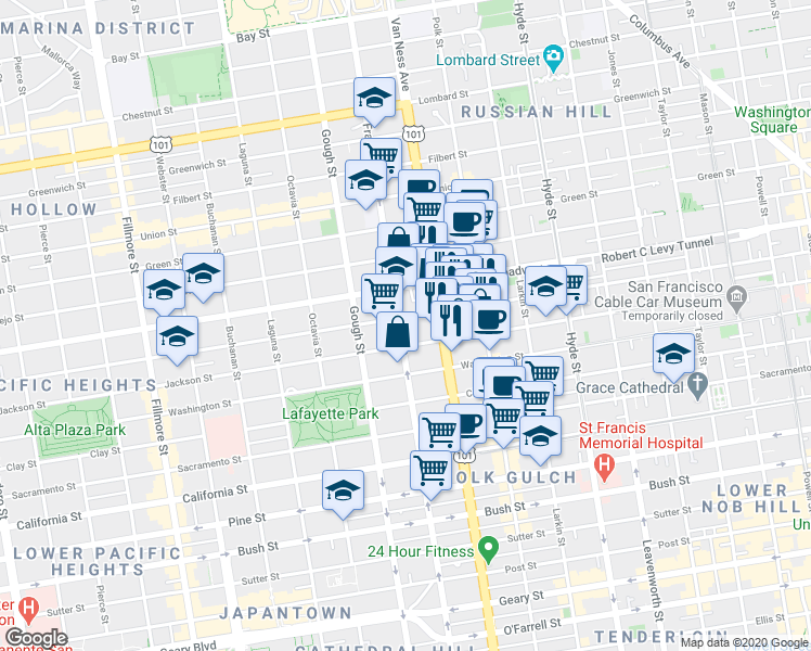 map of restaurants, bars, coffee shops, grocery stores, and more near 1720 Jackson Street in San Francisco
