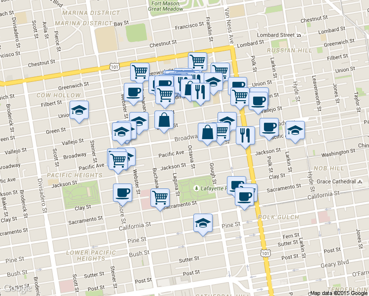 map of restaurants, bars, coffee shops, grocery stores, and more near 2007 Pacific Avenue in San Francisco