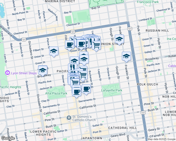 map of restaurants, bars, coffee shops, grocery stores, and more near 2602 Buchanan Street in San Francisco