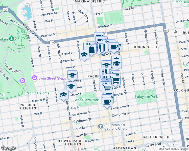 map of restaurants, bars, coffee shops, grocery stores, and more near 2361 Broadway in San Francisco