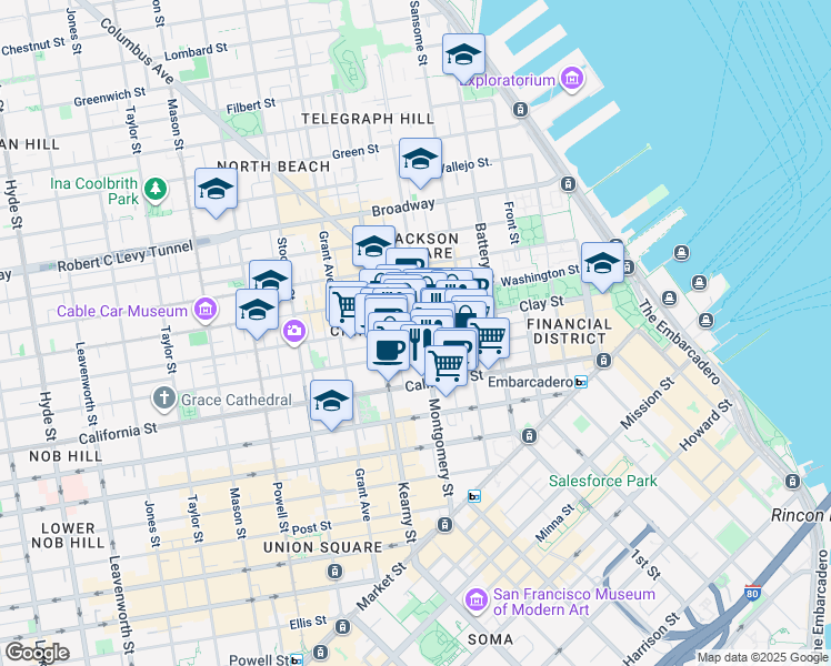 map of restaurants, bars, coffee shops, grocery stores, and more near 555 Montgomery Street in San Francisco