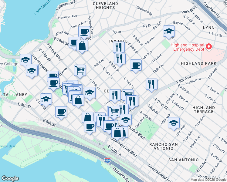 map of restaurants, bars, coffee shops, grocery stores, and more near in Oakland