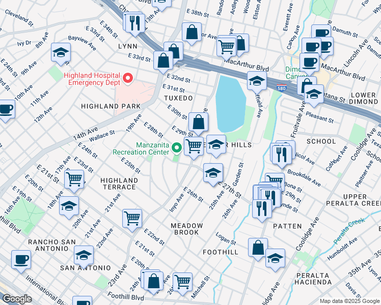 map of restaurants, bars, coffee shops, grocery stores, and more near 2708 22nd Avenue in Oakland