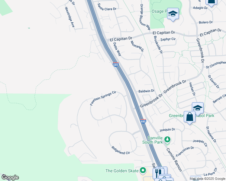 map of restaurants, bars, coffee shops, grocery stores, and more near 1348 Fountain Springs Circle in Danville