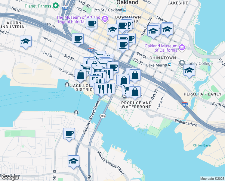 map of restaurants, bars, coffee shops, grocery stores, and more near 55 Harrison Street in Oakland