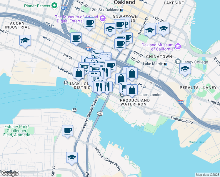 map of restaurants, bars, coffee shops, grocery stores, and more near in Oakland