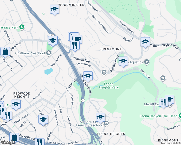 map of restaurants, bars, coffee shops, grocery stores, and more near 4671 Stauffer Place in Oakland