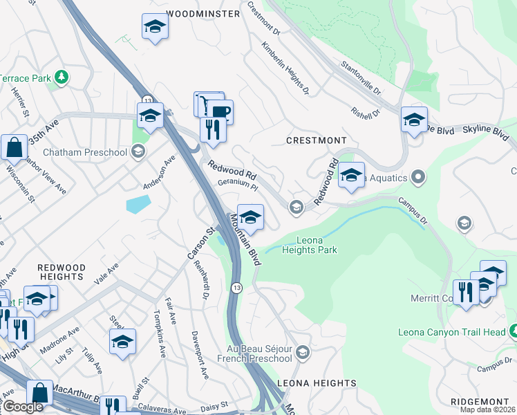 map of restaurants, bars, coffee shops, grocery stores, and more near 4671 Stauffer Place in Oakland