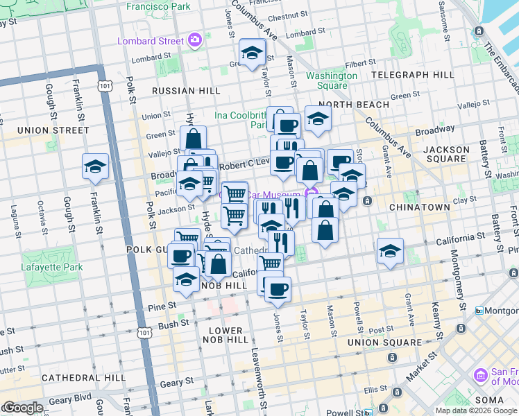 map of restaurants, bars, coffee shops, grocery stores, and more near Jones Street in San Francisco