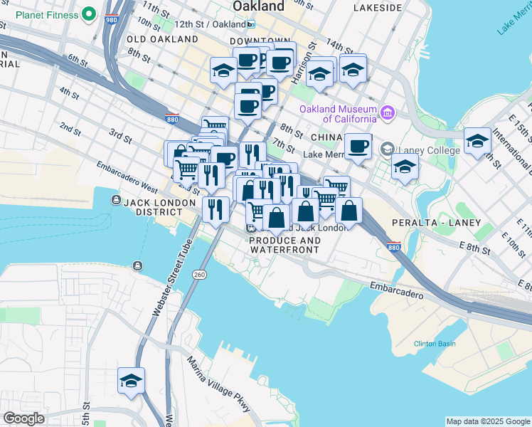 map of restaurants, bars, coffee shops, grocery stores, and more near 228 2nd Street in Oakland