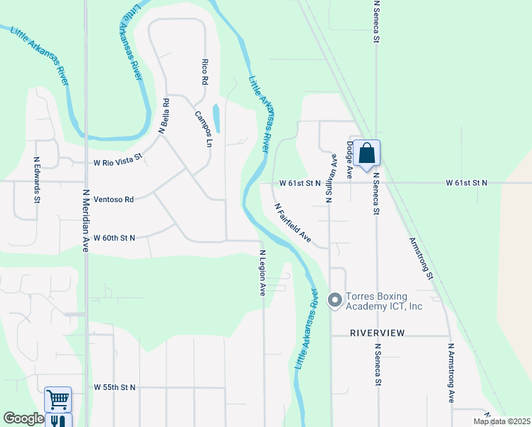 map of restaurants, bars, coffee shops, grocery stores, and more near 6121 Fairfield Road in Wichita