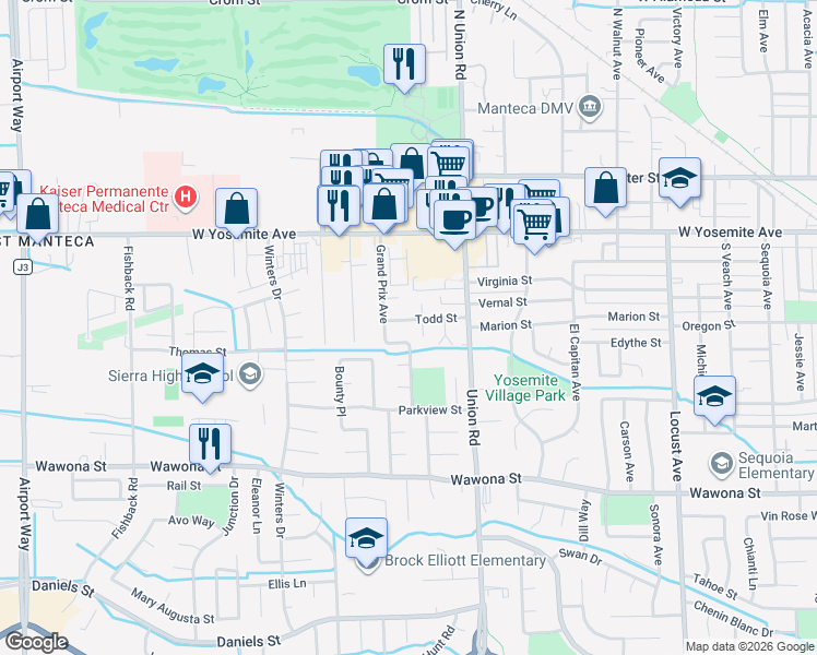 map of restaurants, bars, coffee shops, grocery stores, and more near 1345 Ghia Way in Manteca
