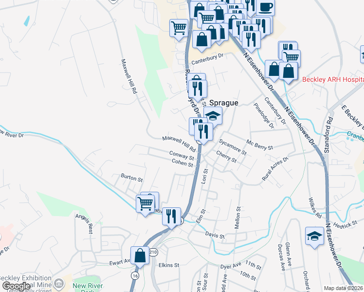 map of restaurants, bars, coffee shops, grocery stores, and more near 154 Conway St in Beckley