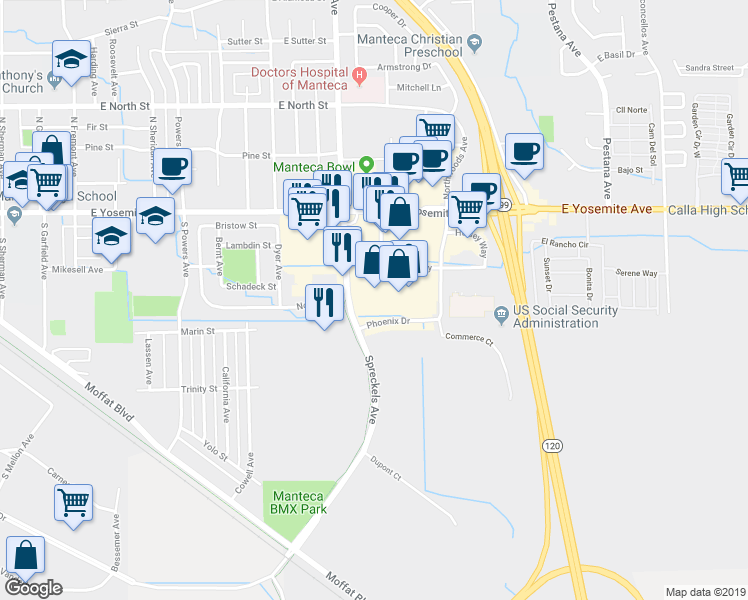 map of restaurants, bars, coffee shops, grocery stores, and more near 280 Spreckels Avenue in Manteca