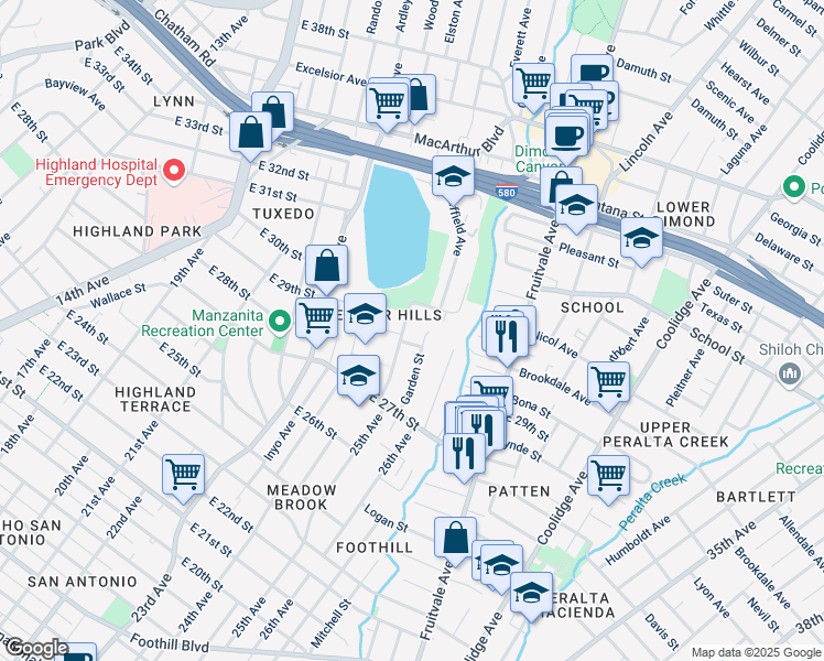 map of restaurants, bars, coffee shops, grocery stores, and more near 2808 25th Avenue in Oakland