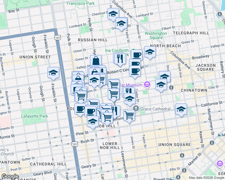 map of restaurants, bars, coffee shops, grocery stores, and more near Leavenworth Street in San Francisco