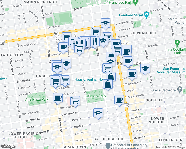map of restaurants, bars, coffee shops, grocery stores, and more near 2007 Pacific Avenue in San Francisco