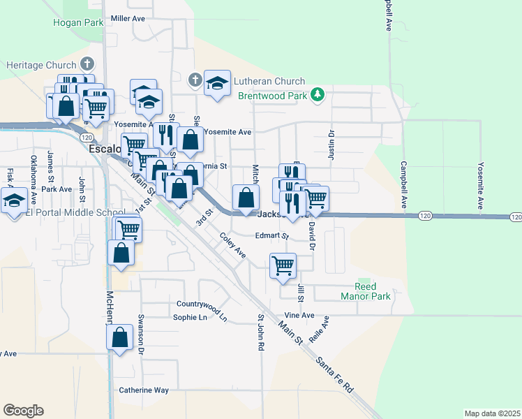 map of restaurants, bars, coffee shops, grocery stores, and more near 2145 California 120 in Escalon