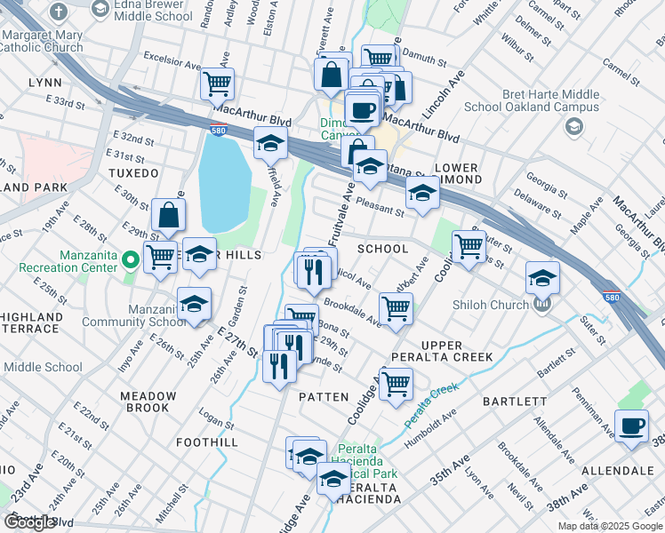 map of restaurants, bars, coffee shops, grocery stores, and more near 2952 Fruitvale Avenue in Oakland