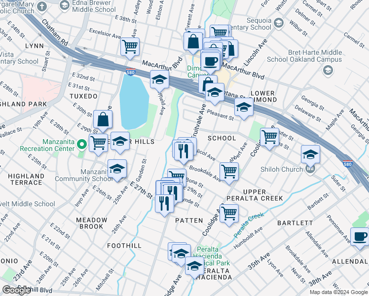 map of restaurants, bars, coffee shops, grocery stores, and more near 2952 Fruitvale Avenue in Oakland