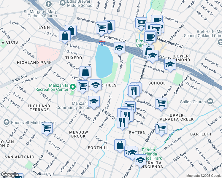 map of restaurants, bars, coffee shops, grocery stores, and more near 2615 East 28th Street in Oakland