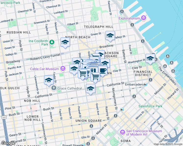 map of restaurants, bars, coffee shops, grocery stores, and more near 736 Grant Avenue in San Francisco