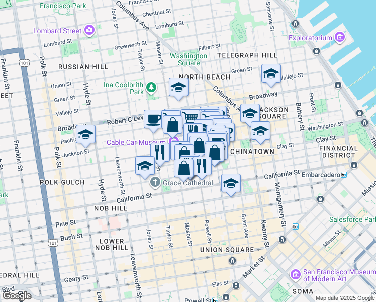 map of restaurants, bars, coffee shops, grocery stores, and more near 115 Wetmore Street in San Francisco