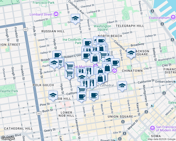 map of restaurants, bars, coffee shops, grocery stores, and more near in San Francisco
