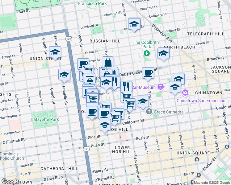 map of restaurants, bars, coffee shops, grocery stores, and more near 1465 Hyde Street in San Francisco