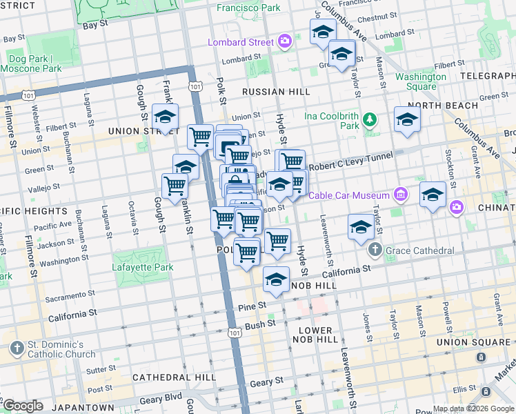 map of restaurants, bars, coffee shops, grocery stores, and more near 1958 Polk Street in San Francisco