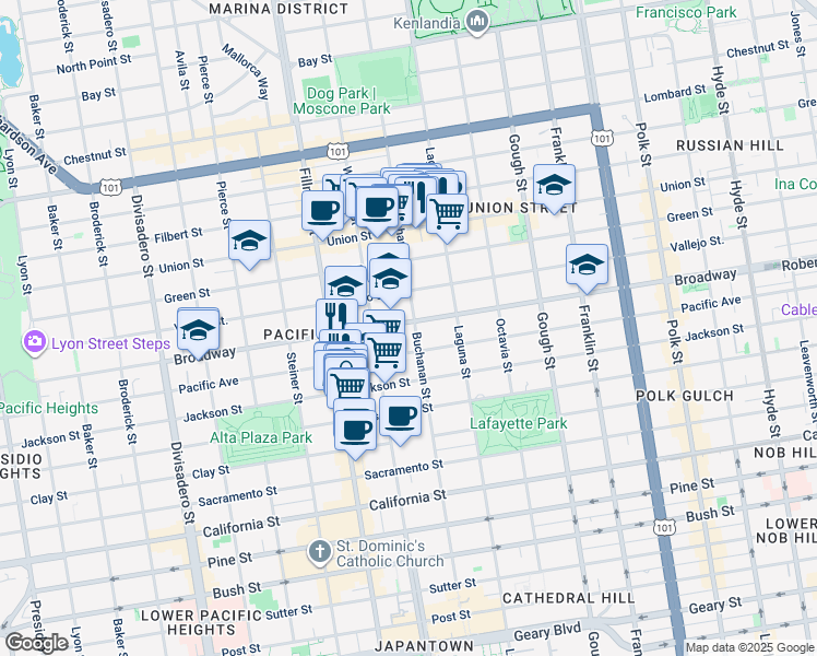 map of restaurants, bars, coffee shops, grocery stores, and more near 2602 Buchanan Street in San Francisco