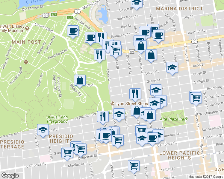 map of restaurants, bars, coffee shops, grocery stores, and more near 2990 Vallejo Street in San Francisco