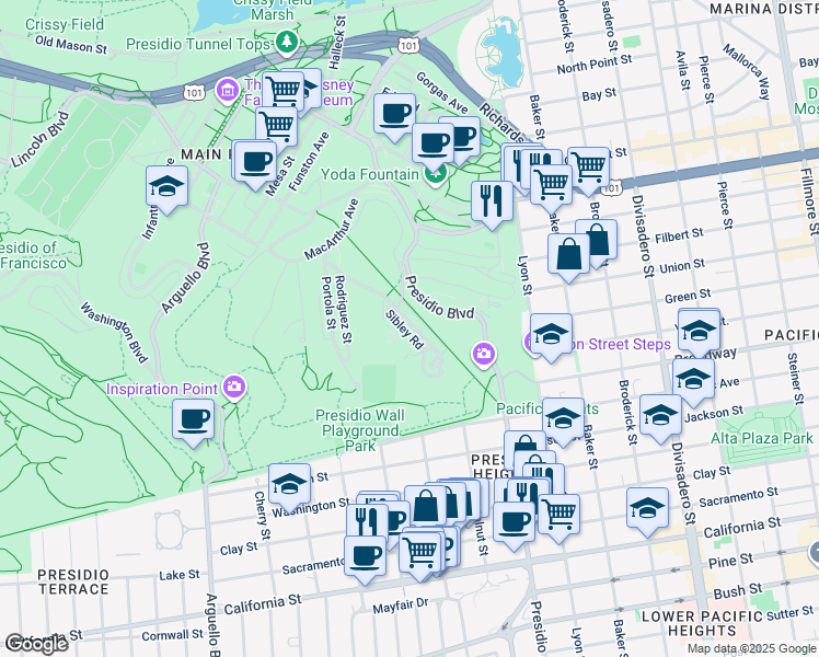 map of restaurants, bars, coffee shops, grocery stores, and more near 725 Sibley Road in San Francisco