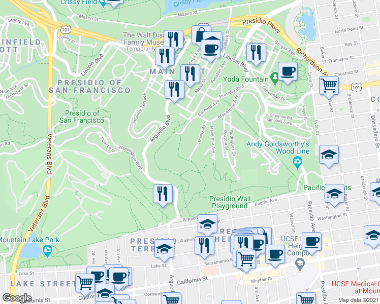 map of restaurants, bars, coffee shops, grocery stores, and more near 817E Quarry Road in San Francisco