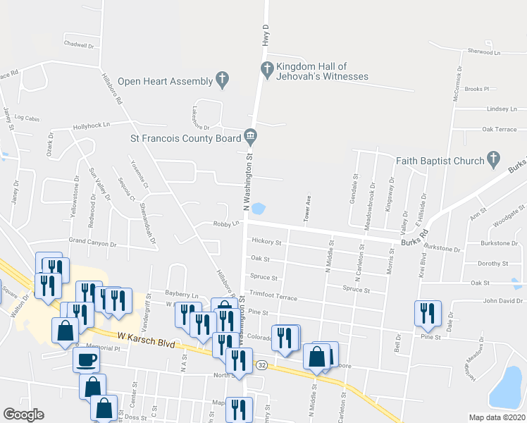 map of restaurants, bars, coffee shops, grocery stores, and more near 28 State Highway EE in Farmington